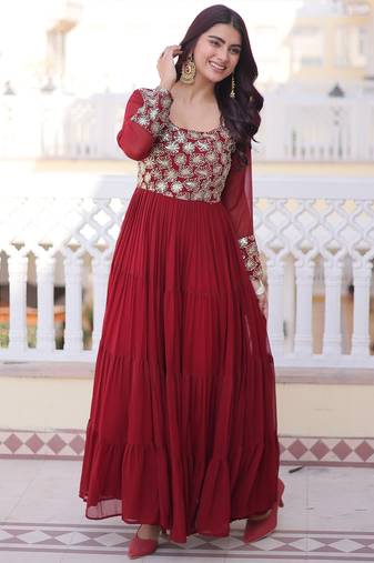 Marvelous Maroon Sequins Georgette Wedding Wear Gown