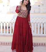 Marvelous Maroon Sequins Georgette Wedding Wear Gown