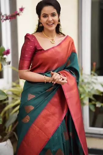 Turquoise red  soft silk blend banarasi jacuard work designer party wear saree with unstitched blouse piece