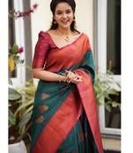 Turquoise red silk blend banarasi saree with unstitched blouse piece