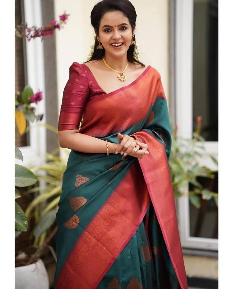 Turquoise red  soft silk blend banarasi jacuard work designer party wear saree with unstitched blouse piece