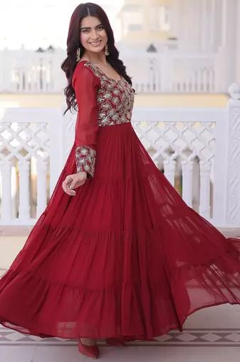 Marvelous Maroon Sequins Georgette Wedding Wear Gown
