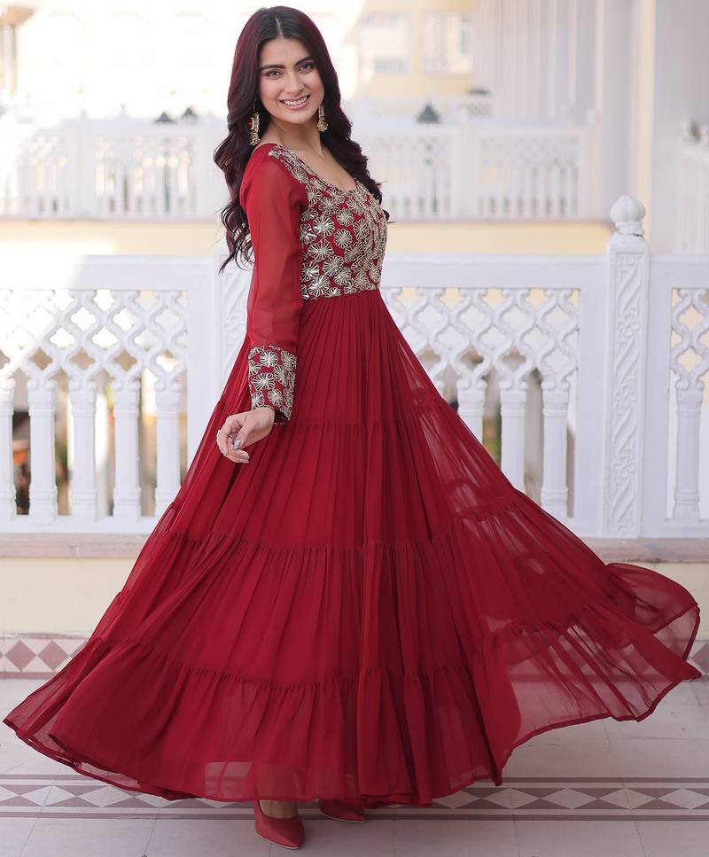 Marvelous Maroon Sequins Georgette Wedding Wear Gown