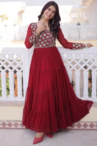 Marvelous Maroon Sequins Georgette Wedding Wear Gown