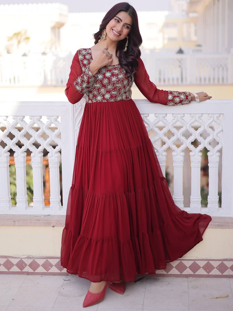 Marvelous Maroon Sequins Georgette Wedding Wear Gown