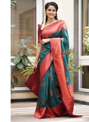 Turquoise red silk blend banarasi saree with unstitched blouse piece 2