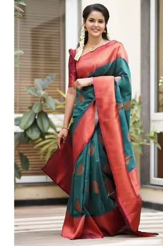 Turquoise red silk blend banarasi saree with unstitched blouse piece
