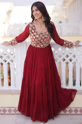 Marvelous Maroon Sequins Georgette Wedding Wear Gown