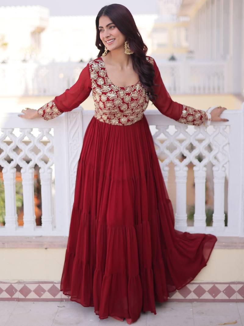 Marvelous Maroon Sequins Georgette Wedding Wear Gown