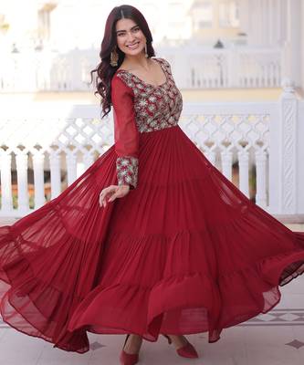 Marvelous Maroon Sequins Georgette Wedding Wear Gown 6