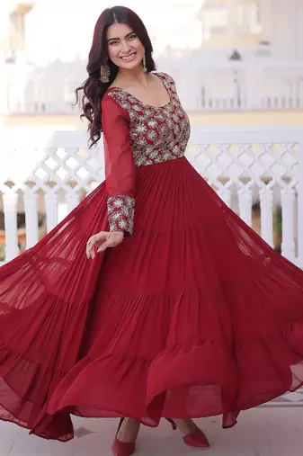 Marvelous Maroon Sequins Georgette Wedding Wear Gown