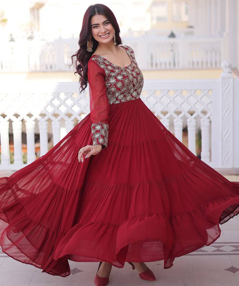 Marvelous Maroon Sequins Georgette Wedding Wear Gown