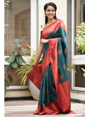 Turquoise red silk blend banarasi saree with unstitched blouse piece 4
