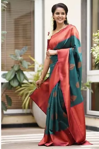 Turquoise red silk blend banarasi saree with unstitched blouse piece