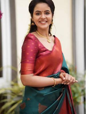 Turquoise red silk blend banarasi saree with unstitched blouse piece 5