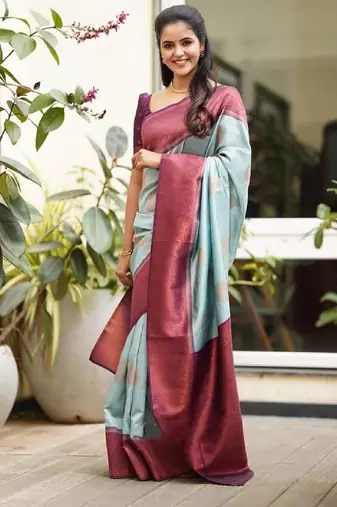 Sky blue purple soft silk blend banarasi jacuard work designer party wear saree with unstitched blouse piece