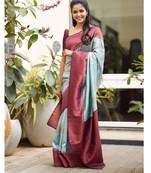 Sky blue purple silk blend banarasi saree with unstitched blouse piece