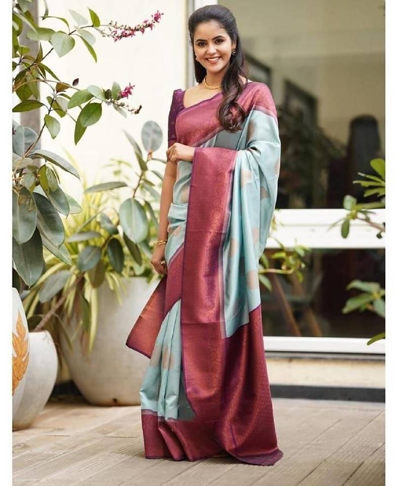 Sky blue purple soft silk blend banarasi jacuard work designer party wear saree with unstitched blouse piece