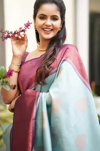 Sky blue purple silk blend banarasi saree with unstitched blouse piece