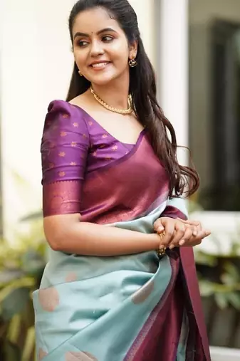 Sky blue purple silk blend banarasi saree with unstitched blouse piece