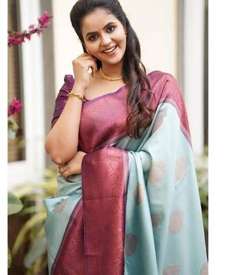 Sky blue purple silk blend banarasi saree with unstitched blouse piece 4