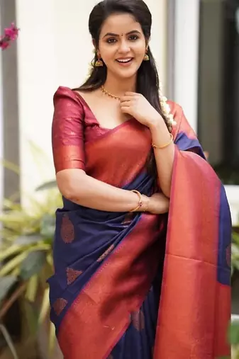 Blue red soft silk blend banarasi jacuard work designer party wear saree with unstitched blouse piece