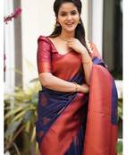 Blue red silk blend banarasi saree with unstitched blouse piece