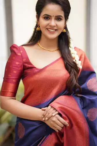 Blue red silk blend banarasi saree with unstitched blouse piece