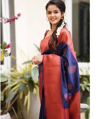 Blue red silk blend banarasi saree with unstitched blouse piece 3