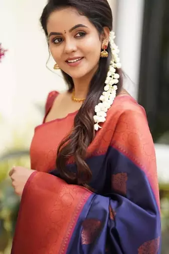 Blue red silk blend banarasi saree with unstitched blouse piece