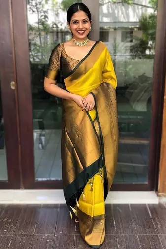 Yrllow green soft silk blend banarasi jacuard work designer party wear saree with unstitched blouse piece