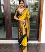 Yrllow green silk blend banarasi saree with unstitched blouse piece