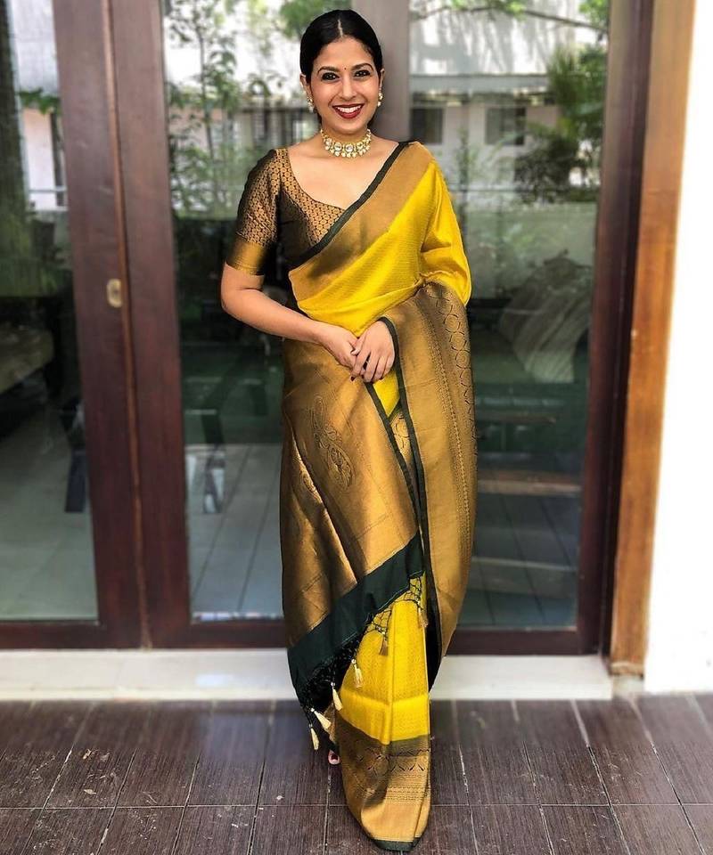 Yrllow green soft silk blend banarasi jacuard work designer party wear saree with unstitched blouse piece