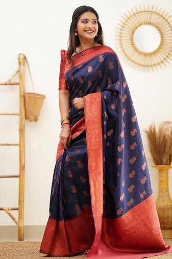 Blue red soft silk blend banarasi jacuard work designer party wear saree with unstitched blouse piece