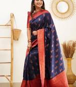 Blue red silk blend banarasi saree with unstitched blouse piece