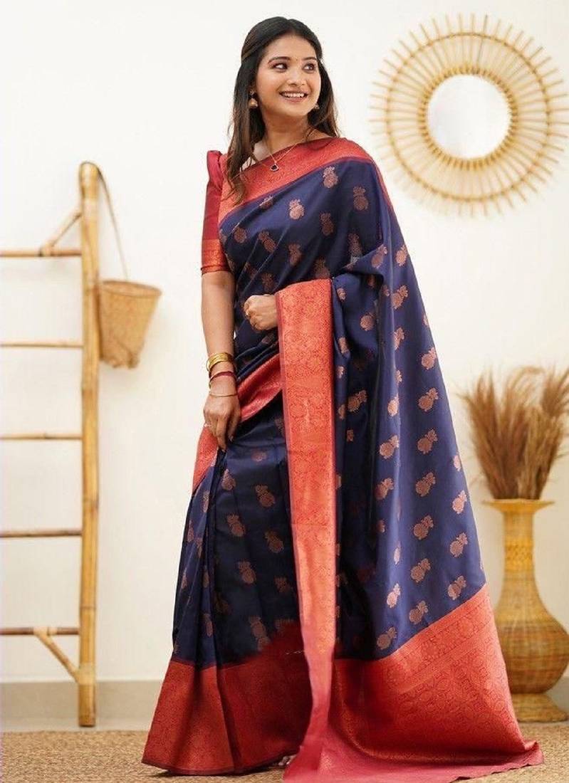 Blue red soft silk blend banarasi jacuard work designer party wear saree with unstitched blouse piece