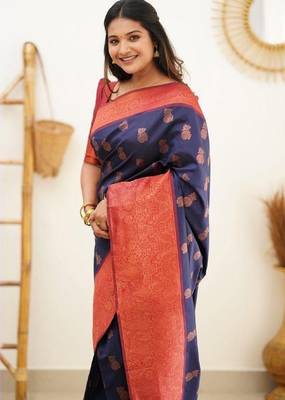 Blue red silk blend banarasi saree with unstitched blouse piece 4