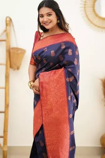 Blue red silk blend banarasi saree with unstitched blouse piece