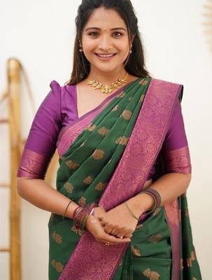 Green wine silk blend banarasi saree with unstitched blouse piece 1
