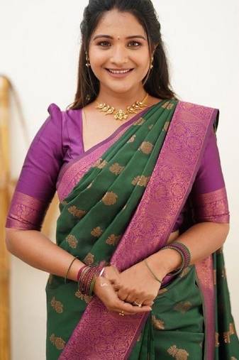 Green wine soft silk blend banarasi jacuard work designer party wear saree with unstitched blouse piece