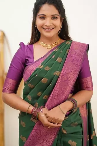 Green wine soft silk blend banarasi jacuard work designer party wear saree with unstitched blouse piece