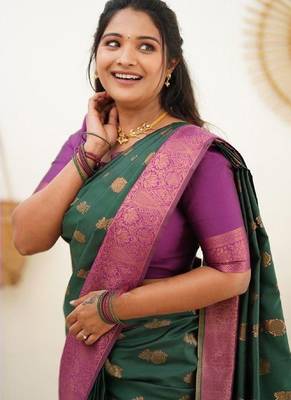 Green wine silk blend banarasi saree with unstitched blouse piece 2