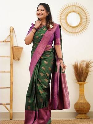 Green wine silk blend banarasi saree with unstitched blouse piece 3