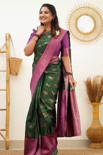 Green wine silk blend banarasi saree with unstitched blouse piece