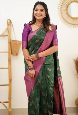 Green wine silk blend banarasi saree with unstitched blouse piece 4