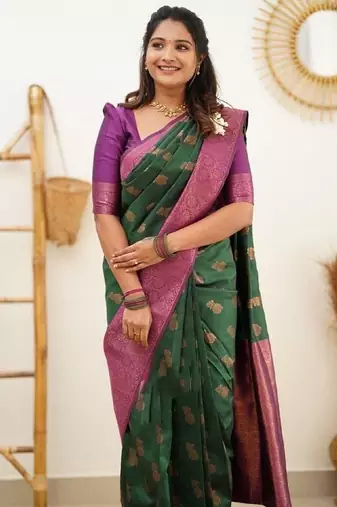 Green wine silk blend banarasi saree with unstitched blouse piece