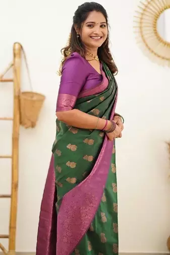 Green wine silk blend banarasi saree with unstitched blouse piece