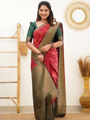 Red green silk blend banarasi saree with unstitched blouse piece 1