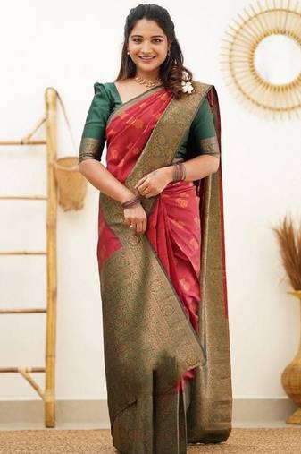 Red green soft silk blend banarasi jacuard work designer party wear saree with unstitched blouse piece