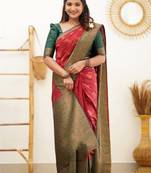 Red green silk blend banarasi saree with unstitched blouse piece